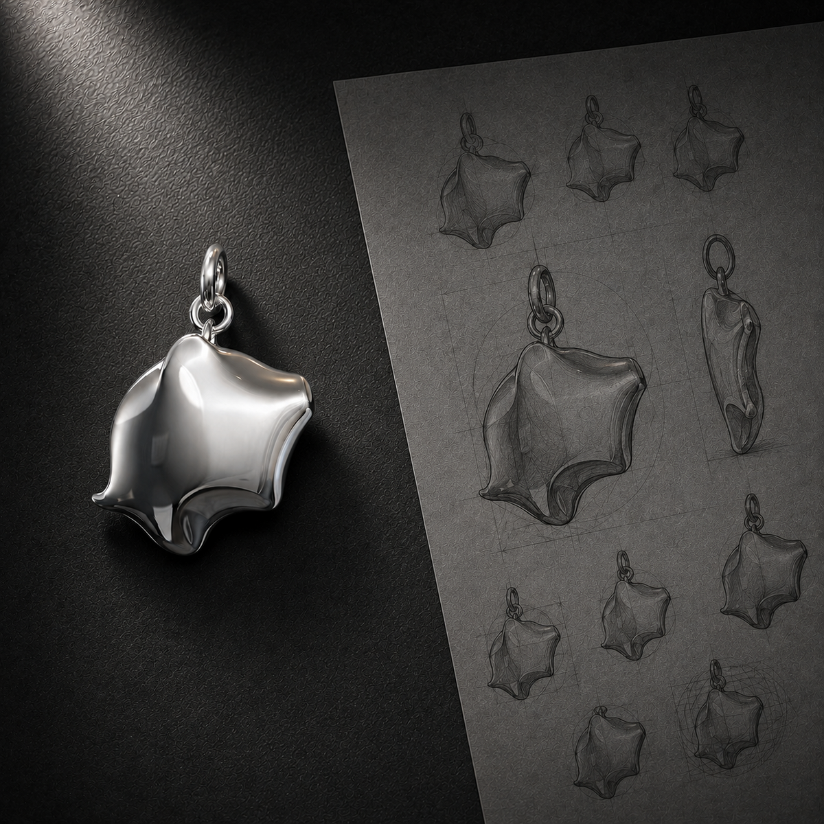 AUVYR Pig Flow Pendant design sketch and polished silver pendant