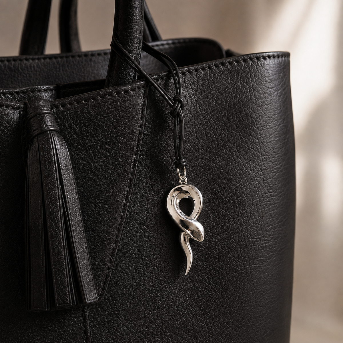 AUVYR Serpent Flow Pendant styled on a black leather bag